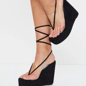 BLACK TOE THONG CLEAR STRAP ANKLE TIE WEDGES